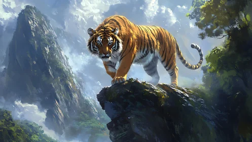 Digitally rendered tiger surveys misty cliffs with dynamic lighting