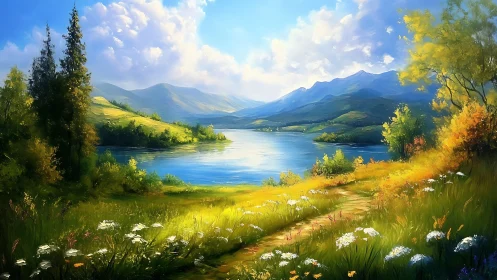 Sunlit alpine lake with wildflower meadow and distant ranges
