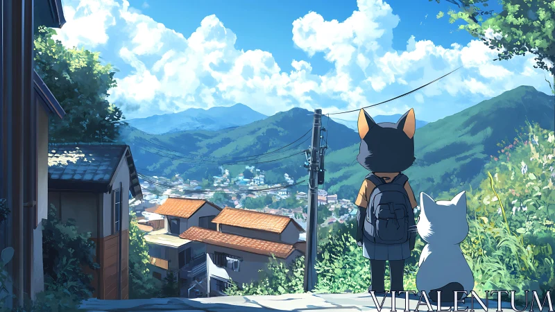 Cat-eared student overlooks sunlit mountain town view
