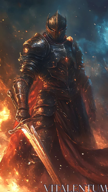 Armored fire knight strides through embers in stormy light