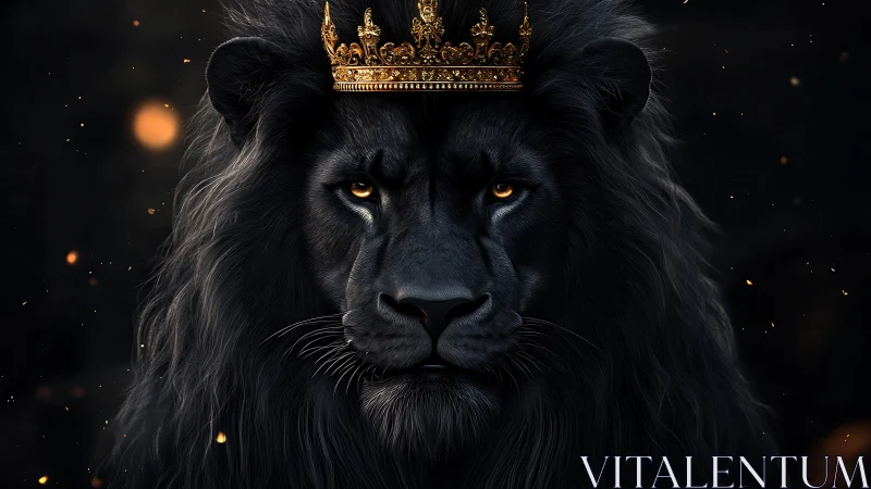 Dark-maned lion wearing ornate golden crown at center.