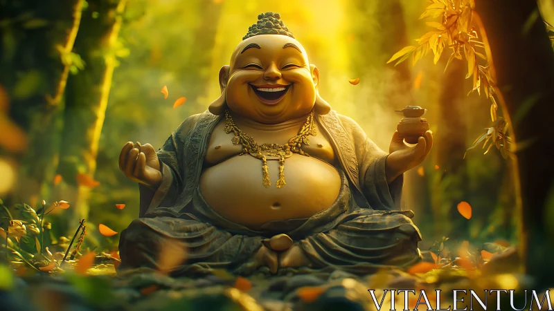 Laughing Buddha statue amid golden forest light.