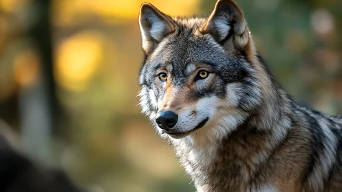 Golden forest wolf in gentle autumn afternoon light.