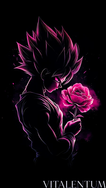 Silhouetted spiky-haired figure holds illuminated pink rose