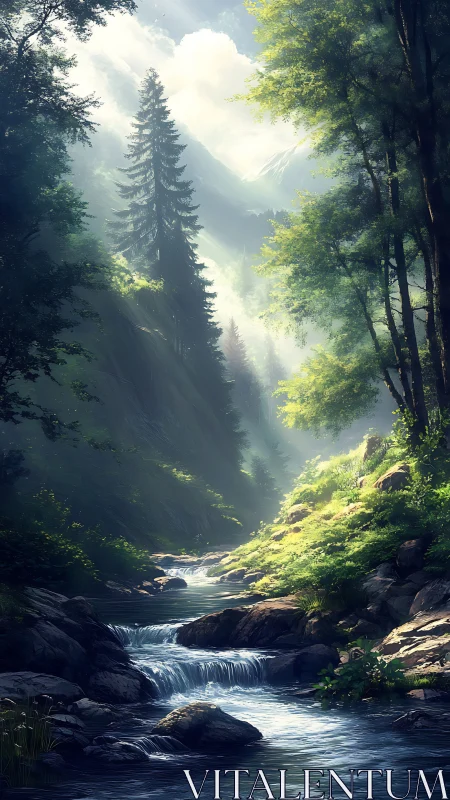 Mountain Valley Stream With Coniferous Forest and Mist