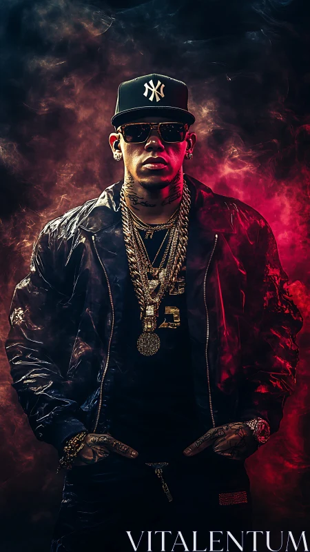 Smoke-lit street king framed in neon embers of swagger.