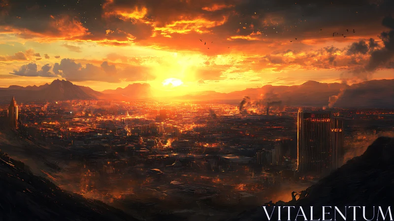 Burning futuristic cityscape under intense orange sunset light