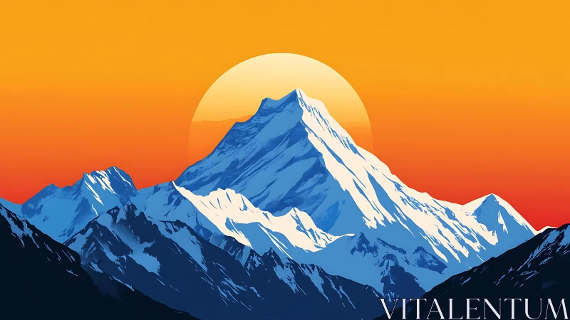 Sunlit mountain peak rises calmly into a glowing orange sky