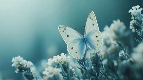 White butterfly rests on desaturated flowers in soft focus