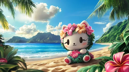 Kawaii Character in Tropical Beach Paradise.