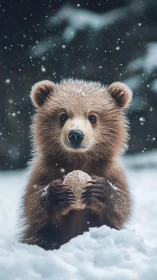 Brown bear cub holding snowball in falling winter snow.