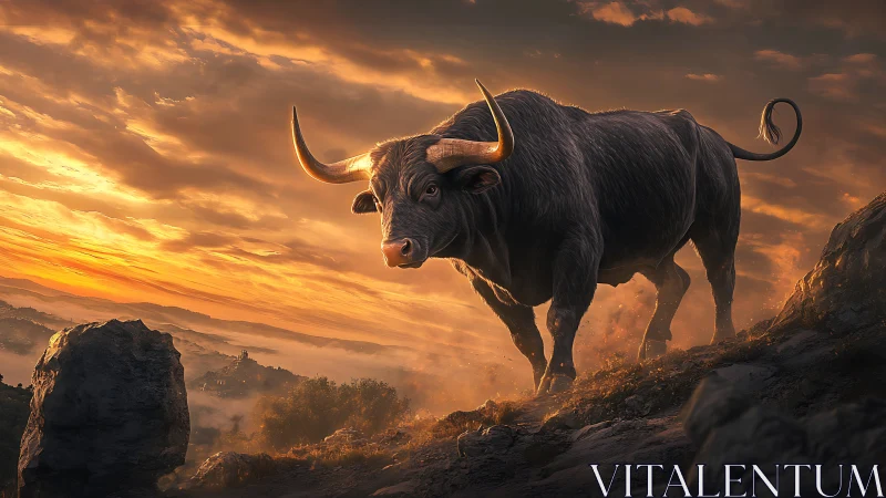 Sunlit muscular bull on rocky ridge at dramatic golden sunset