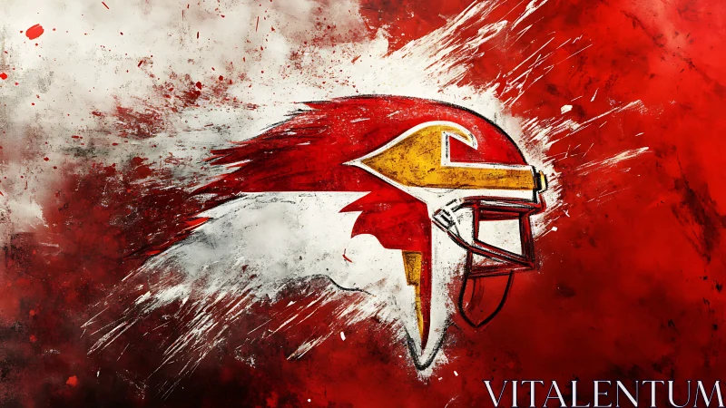 Exploding red football helmet emblem in gritty splatter art.