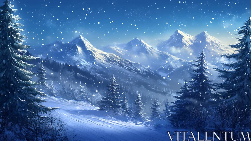 Midnight snowfall over serene alpine mountain forest.