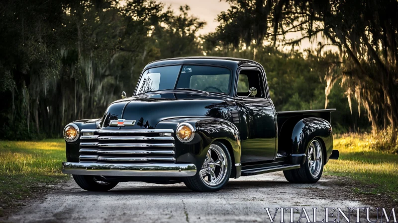 Restored black classic pickup with chrome detailing under soft sunset