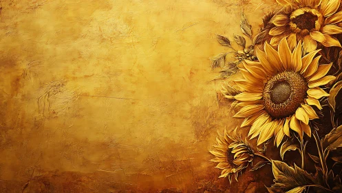 Golden sunflowers glow warmly against rustic painted stucco
