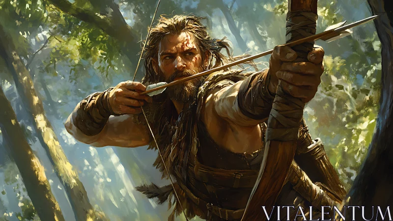 Rugged archer drawing longbow in dappled forest light