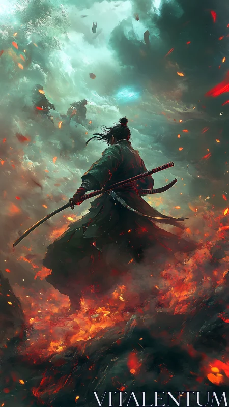 Lone samurai strides through fire toward a stormy destiny.