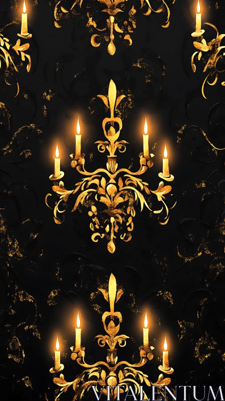Baroque gold candle chandeliers on black damask wallpaper.