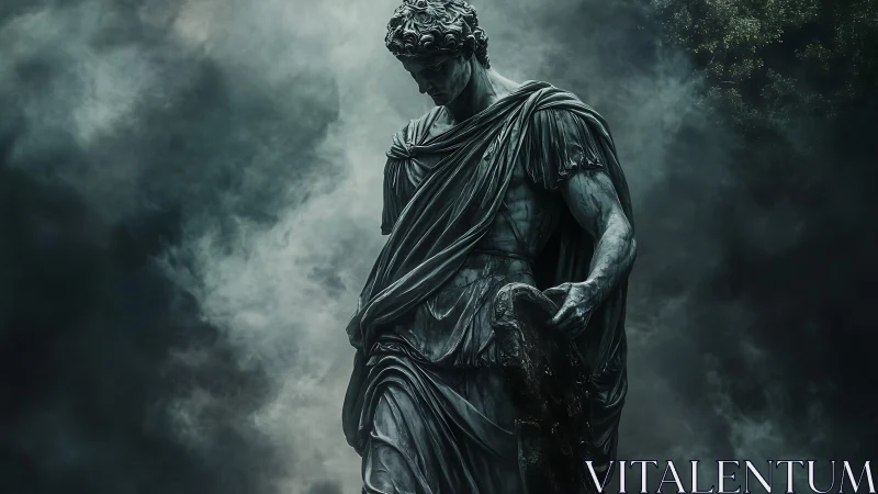 Marble warrior statue in volumetric fog with dramatic chiaroscuro lighting