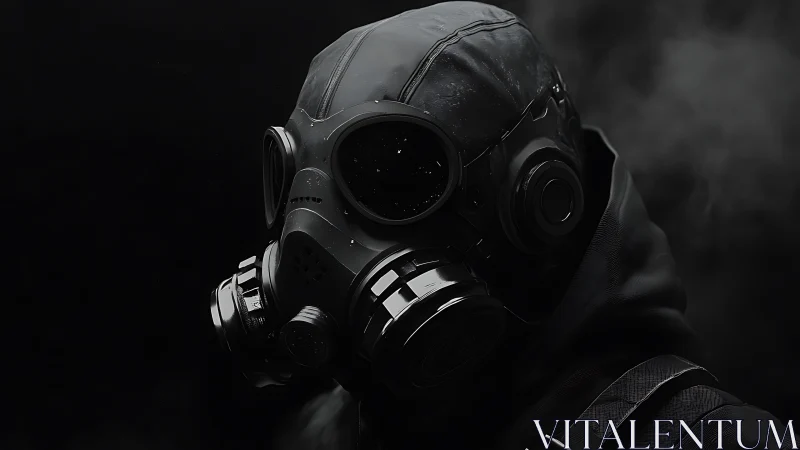 Gas mask clad figure in dark atmospheric portrait.