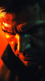 Intense close up of man&rsquo;s face lit by harsh orange light.