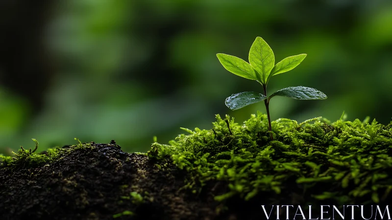 Young Green Seedling Growing in Lush Moss, Nature Macro Photography.