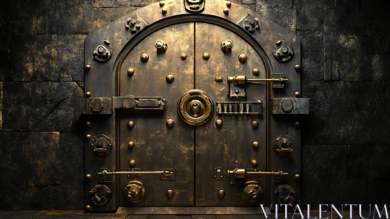 Ornate brass vault door within distressed stone wall.