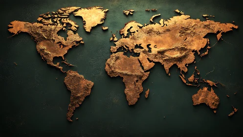 Textured copper world map on deep green backdrop.