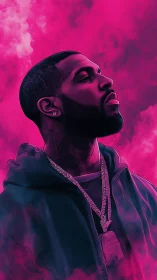 Bold portrait glows in deep pink haze and quiet confidence