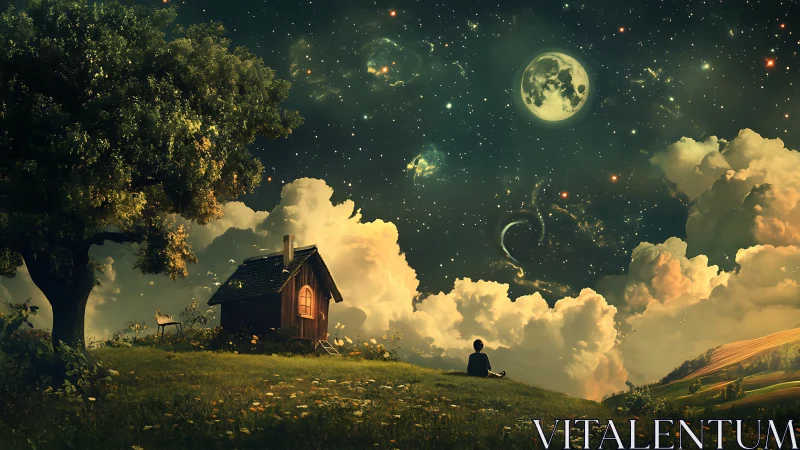 Dreamer under luminous cosmos beside hilltop cottage.