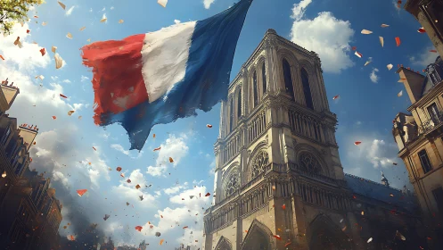 French flag over cathedral facade in bright afternoon sky.