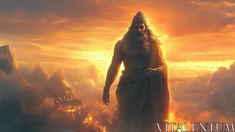 Divine warrior strides through burning clouds at sunrise.