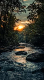 Sunset light over forest creek with flowing water scene.