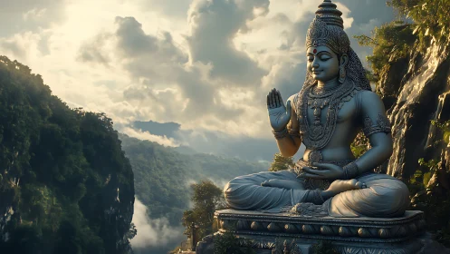 Large seated deity statue overlooks forested mountain gorge