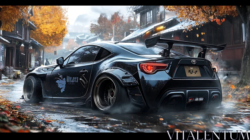 Widebody Toyota coupe drifts through wet autumn street.