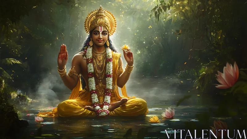 Serene golden deity meditating on lotus-filled forest pond.