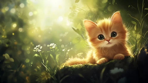 Golden Kitten in Luminous Garden with White Flowers.