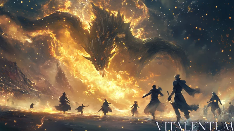 Fiery dragon confronts armed figures on a frozen battlefield