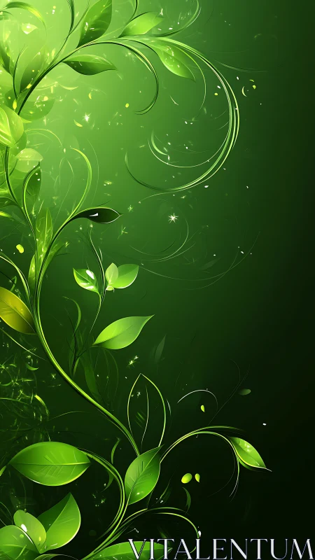 Luminous green vine curls over dark abstract forest field.