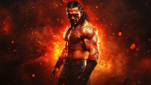 Muscular warrior with tribal tattoos amid incandescent firestorm