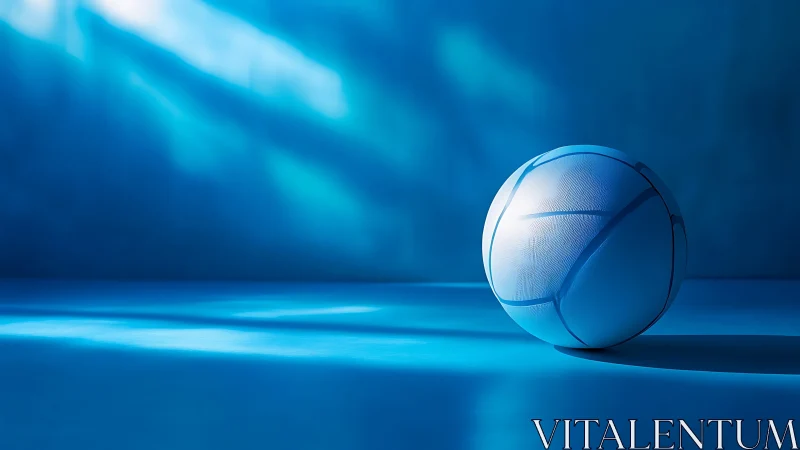 Minimalist blue court scene with isolated sports ball study.
