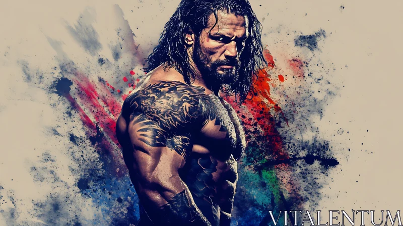 Tattooed storm king framed in explosive color splashes.