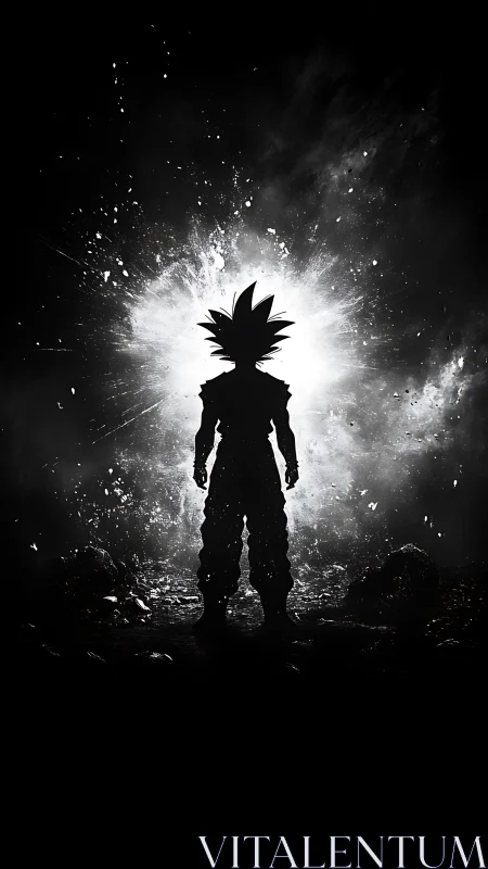 Silhouetted anime warrior before explosive cosmic light.