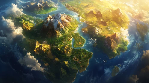 Sunlit fantasy archipelago rendered in sweeping aerial perspective
