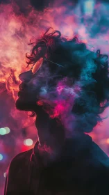 Side-profile silhouette of a person in dense colored smoke