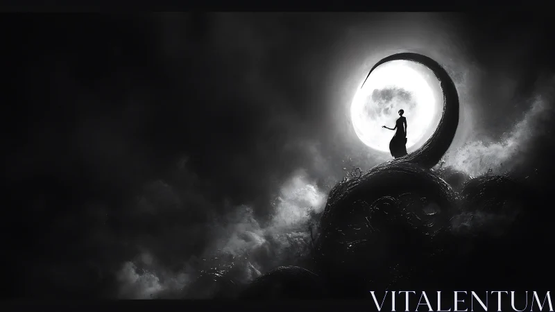 Silhouetted figure on curling peak before bright moon.