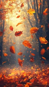Fallen autumn leaves descend through backlit forest air