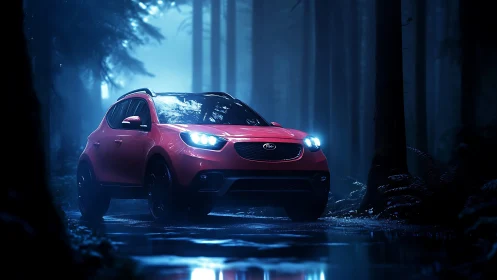 Red compact SUV on wet forest road at night in foggy light.