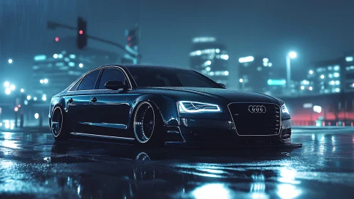 Cinematic low-light render of sleek sedan on wet city street.